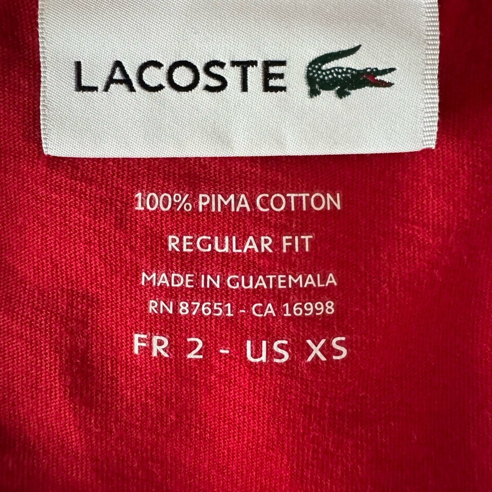 Lacoste Unisex Short Sleeve Crew Neck Pima Cotton T-Shirts Vibrant Red XS EUC - Picture 9 of 9